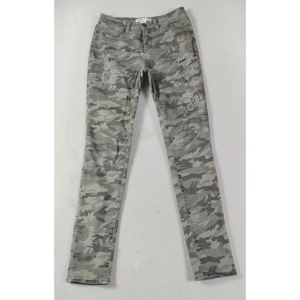 Mudd Jeans Women's Juniors 5 Green Camo Mid Rise Skinny Distressed Stretch Denim